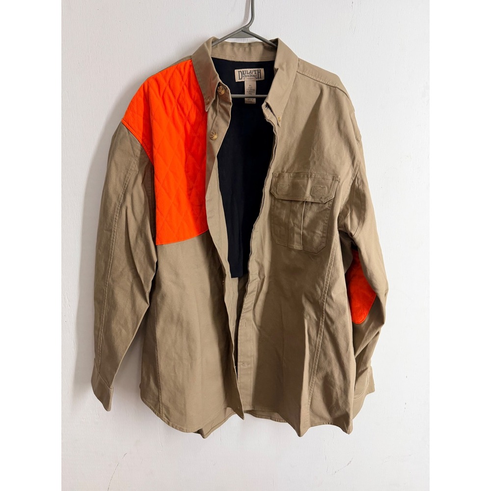Duluth Trading Co Men XL Upland Hunting Shirt Tan Blaze Orange Shooting Pad